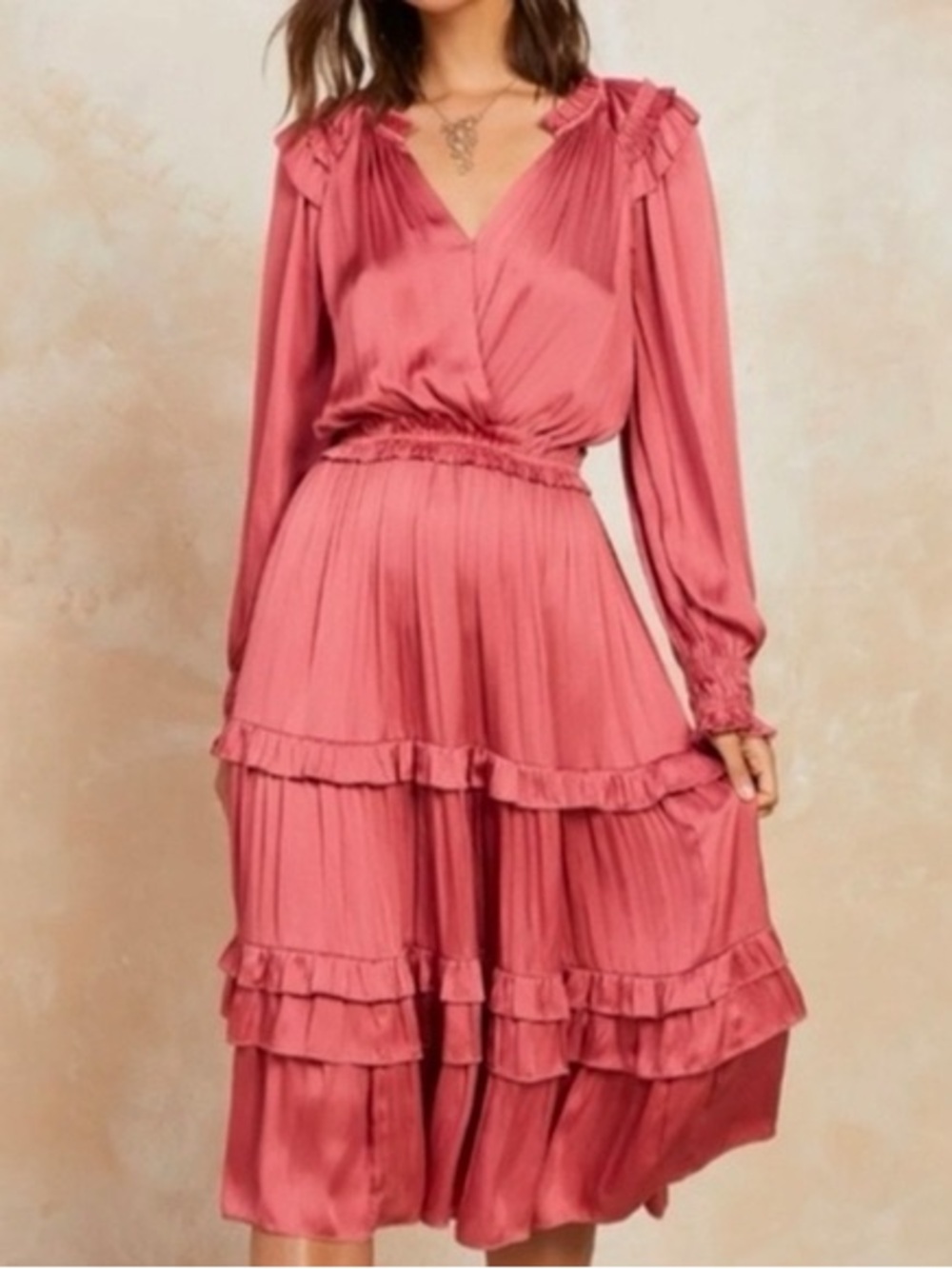 Current Air Pink Tiered Silky Midi Dress